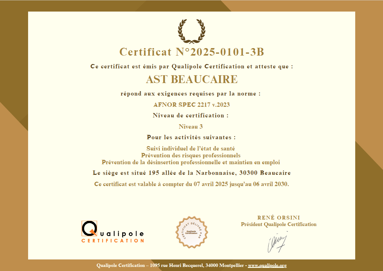 certificat SPEC2217 AST VD
